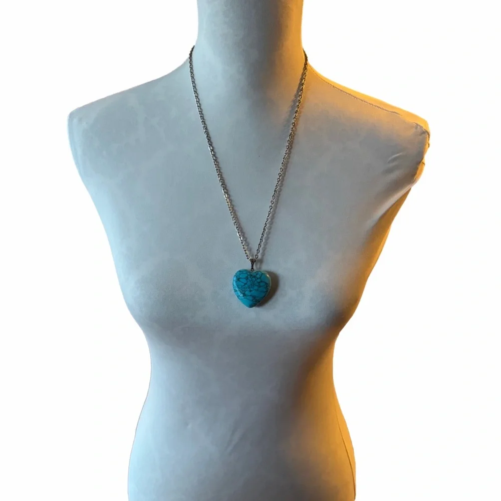 Large Faux Turquoise Heart Pendant Necklace | Boho Statement Jewelry